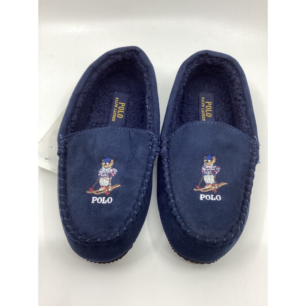Polo Ralph Lauren Mens Navy Blue Skiing Polo Bear Moccasin Slippers Size 5 NEW